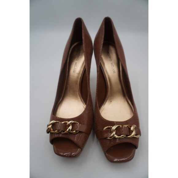 Antonio Melani Brown Embossed Leather Peep Toe Gold Chain Accent Dress Pumps 10M - Picture 2 of 11